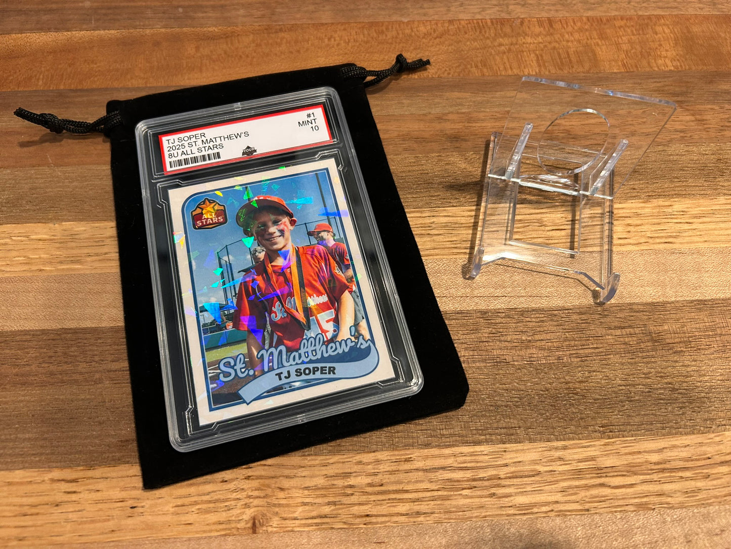 Custom Graded Baseball Card with Holographic Finish - PSA Style Slab, Stand, & Velvet Pouch