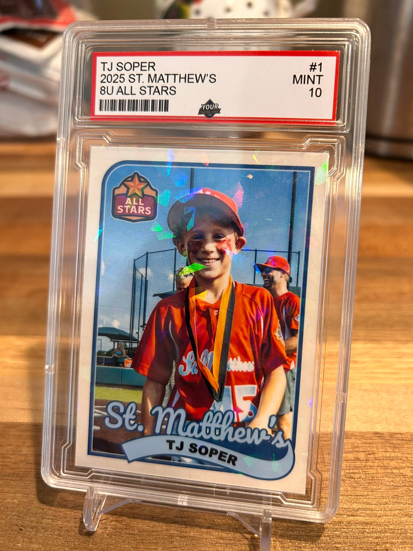 Custom Graded Baseball Card with Holographic Finish - PSA Style Slab, Stand, & Velvet Pouch